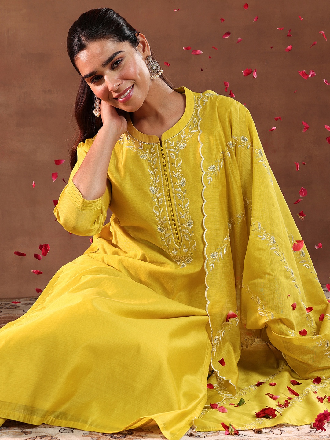 

Libas Floral Yoke Design Thread Work Chanderi Silk Straight Kurta With Trouser & Dupatta, Mustard