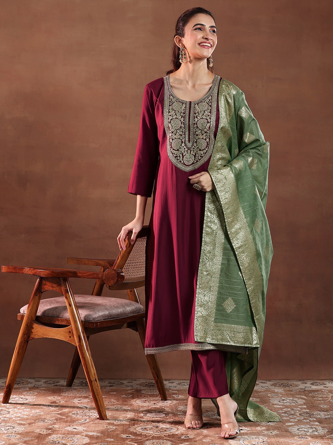 

Libas Floral Yoke Design Sequinned Straight Kurta with Trousers & Dupatta, Maroon