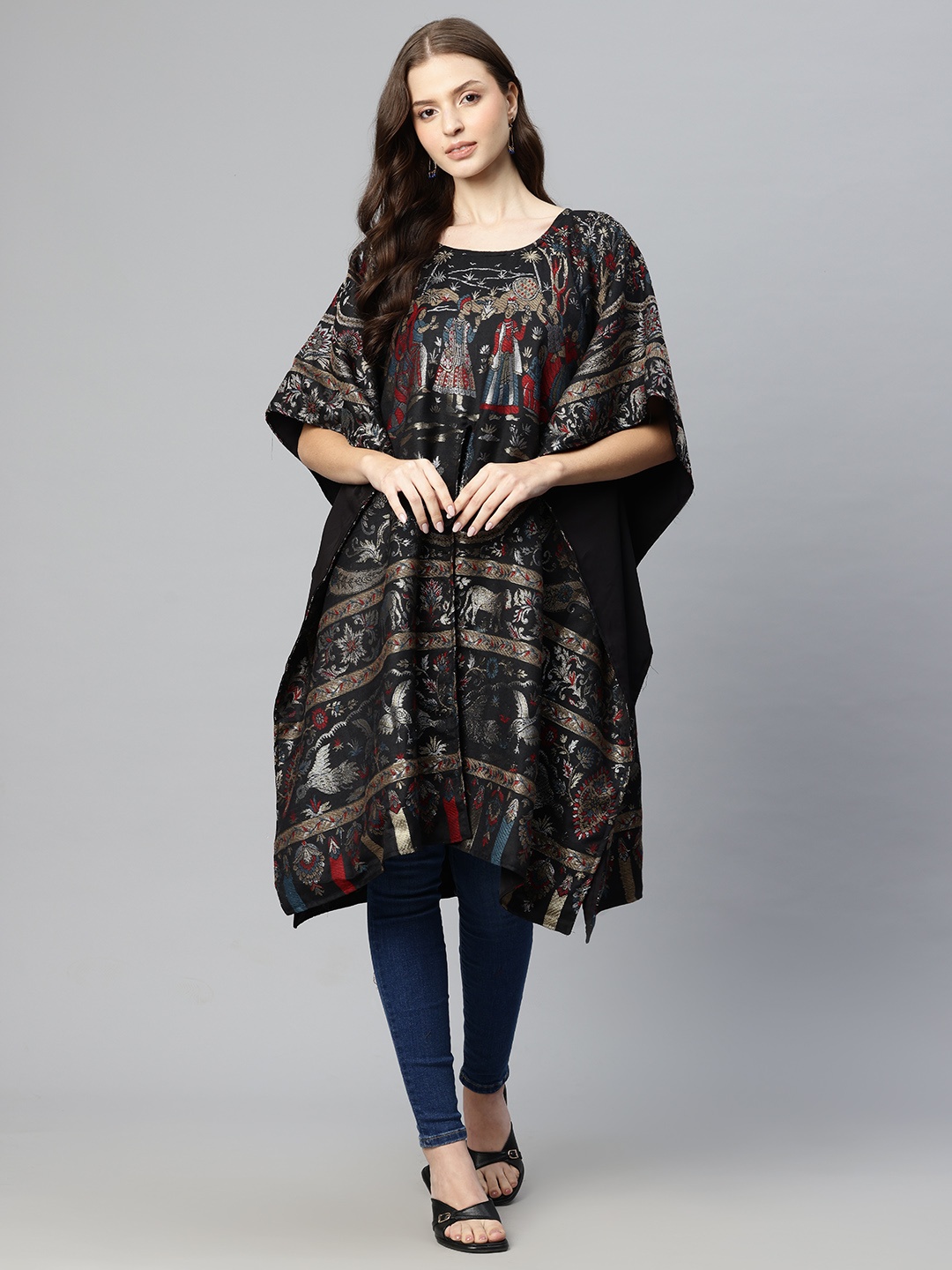 

SWI Stylish Ethnic Motifs Flared Sleeves Woollen Kaftan Kurta, Black