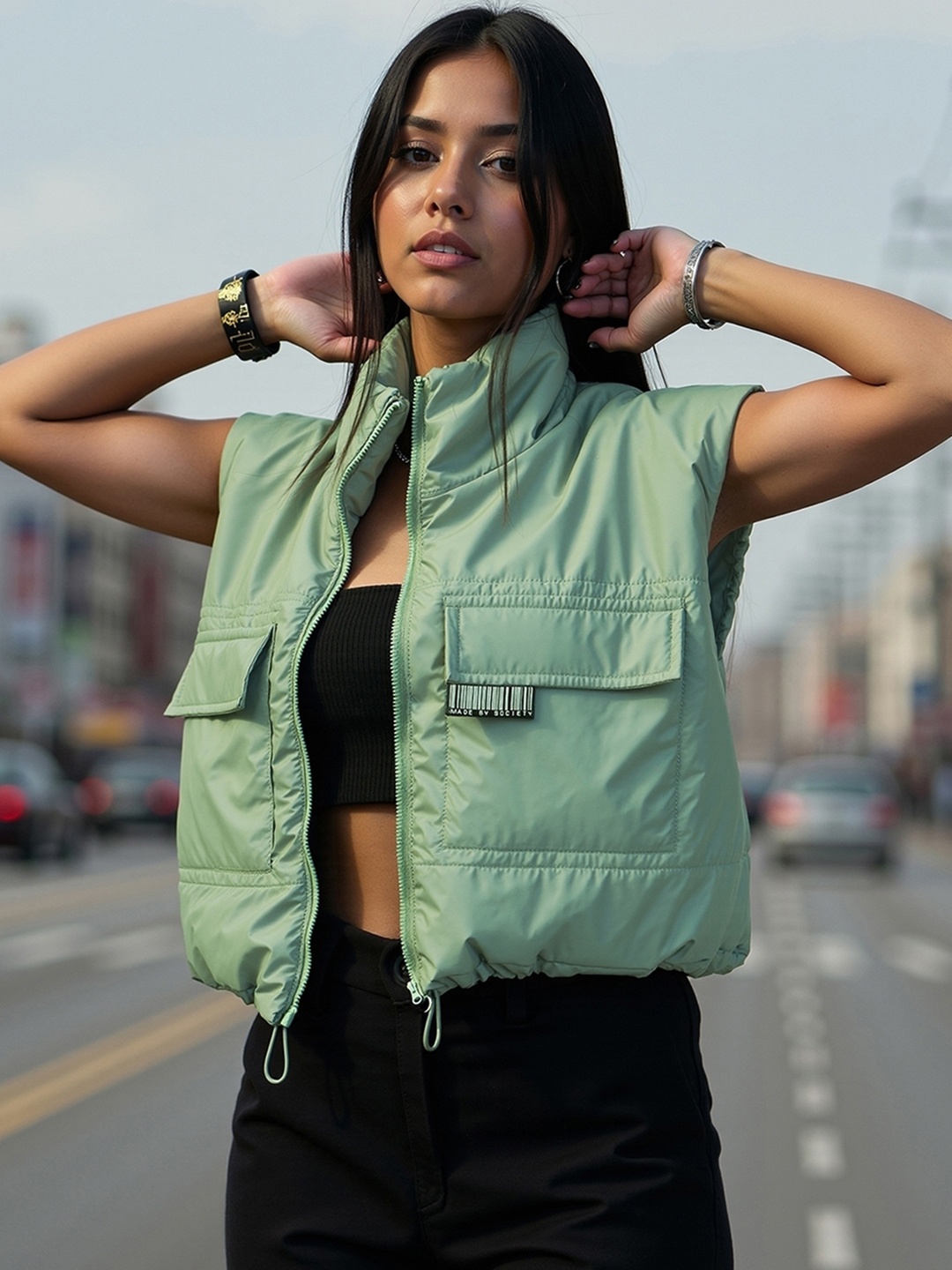 Bewakoof Women Oversized Gilet Jacket, Green