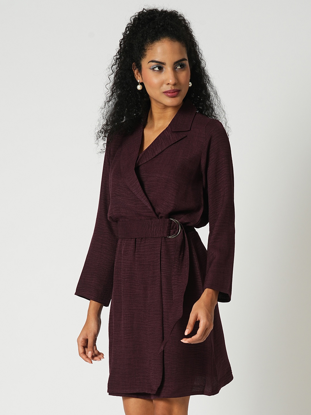 

Globus Self Design Notched Collar Long Sleeves Wrap Belted Workwear Dress, Maroon