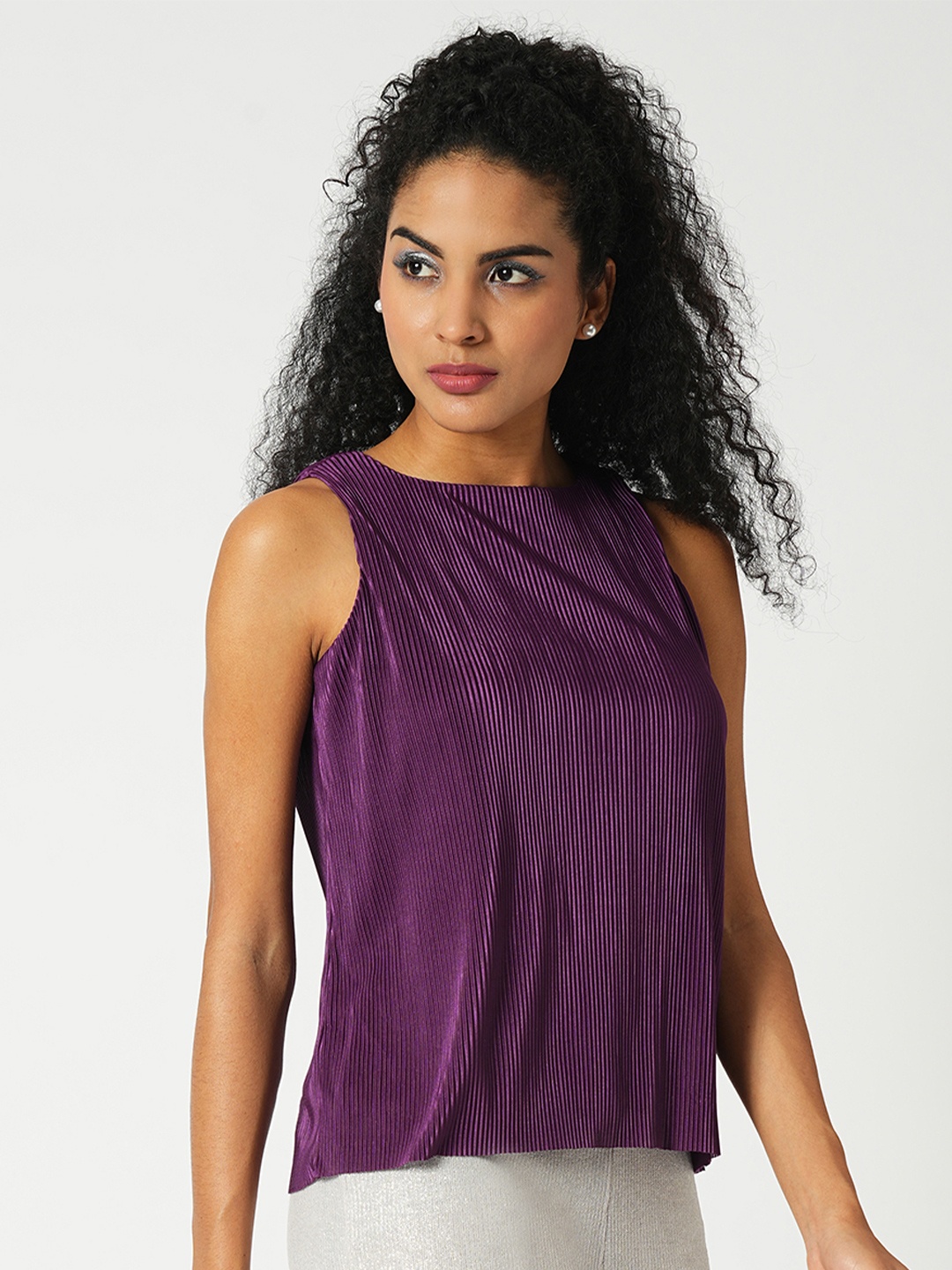 

Globus Round Neck Sleeveless Accordion Pleats Party Top, Purple