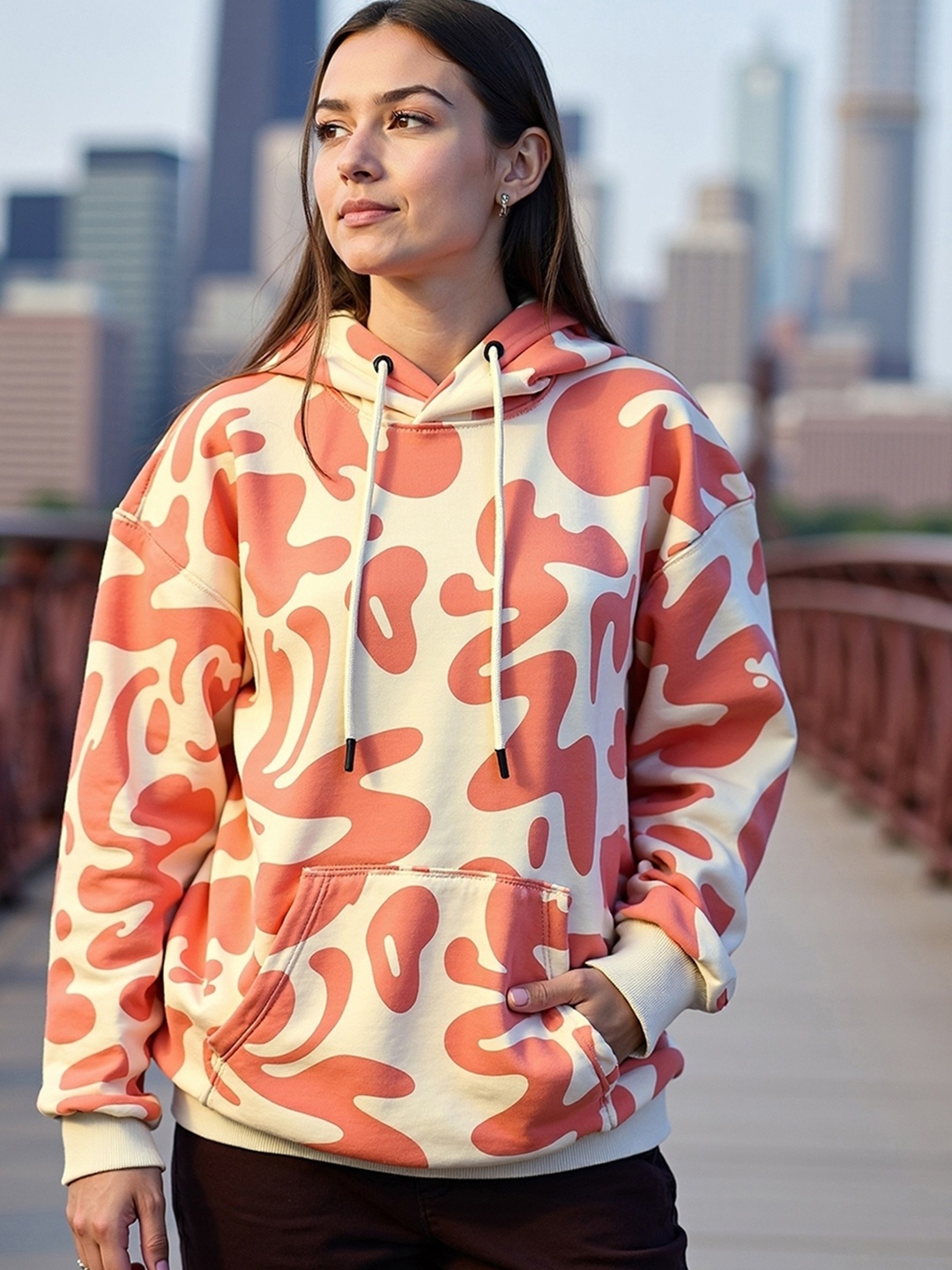 

Bewakoof Women Abstract Printed Hooded Pullover Sweatshirt, Beige