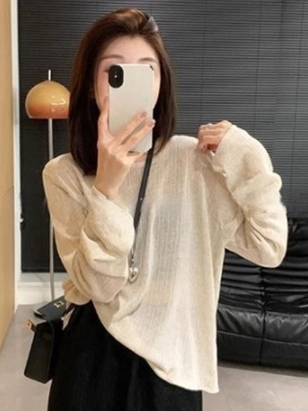 

KPOP Linen Round Neck Long Sleeves Top, White