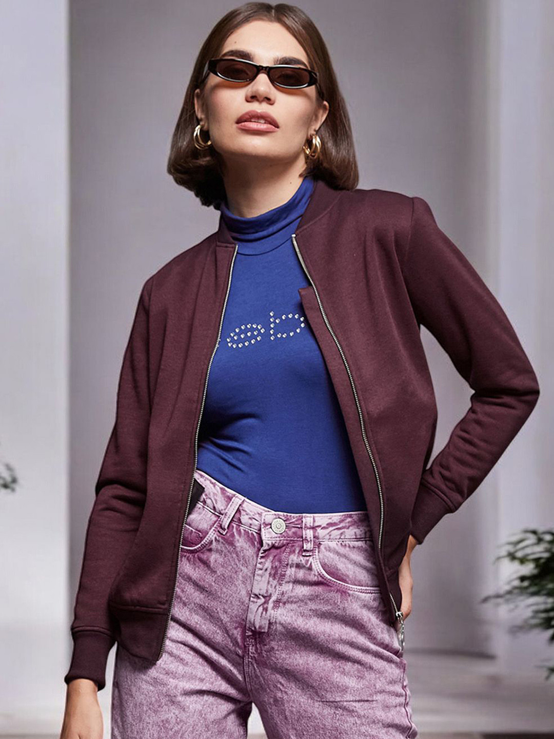 

Miss Chase Women Colourblocked Fleece Puffer Jacket with Patchwork, Maroon