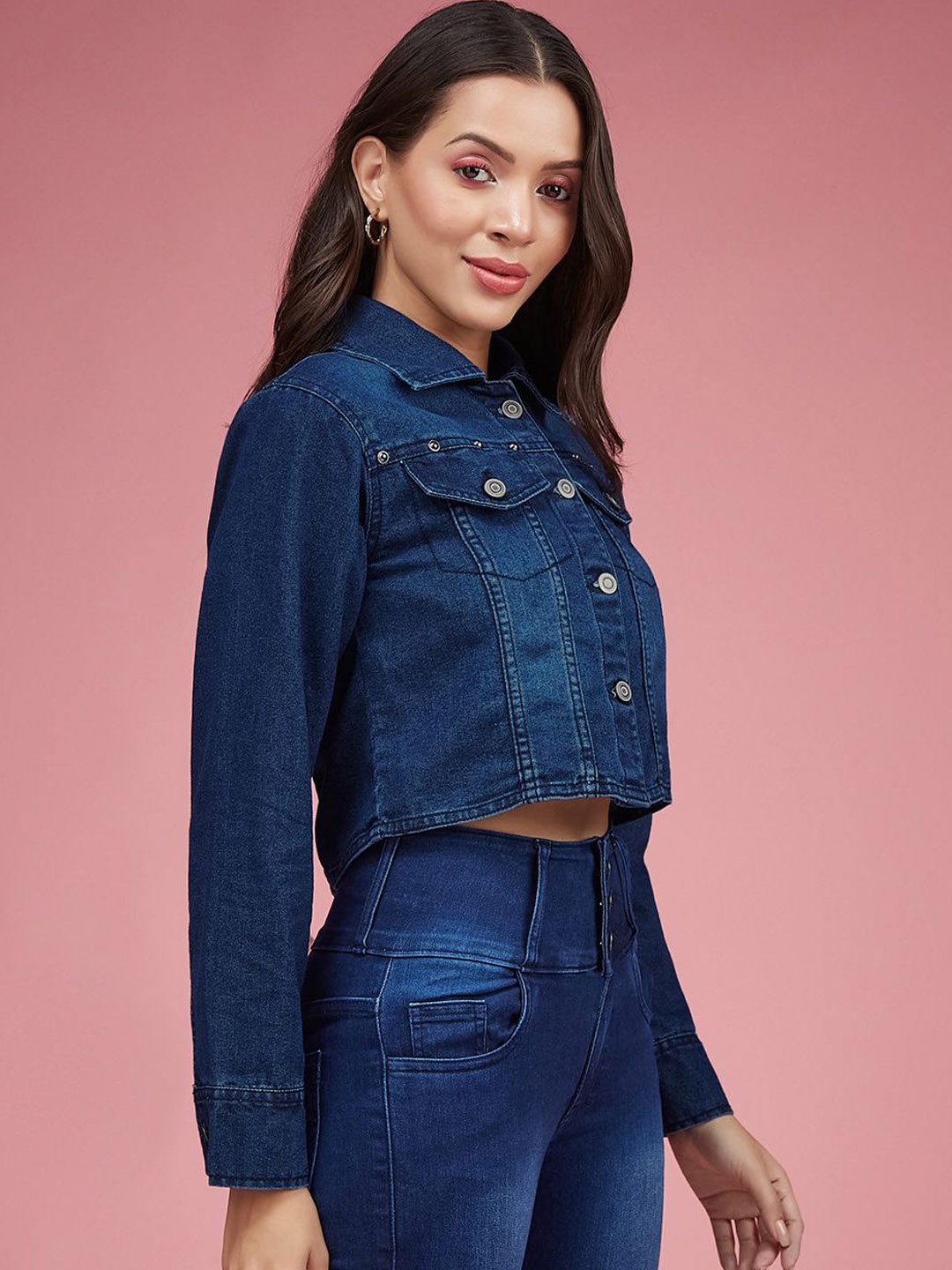

Miss Chase Women Washed Crop Denim Jacket, Navy blue