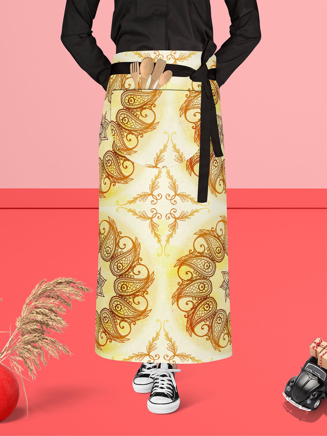 

ArtzFolio Black & Yellow Printed Cotton Waist Apron