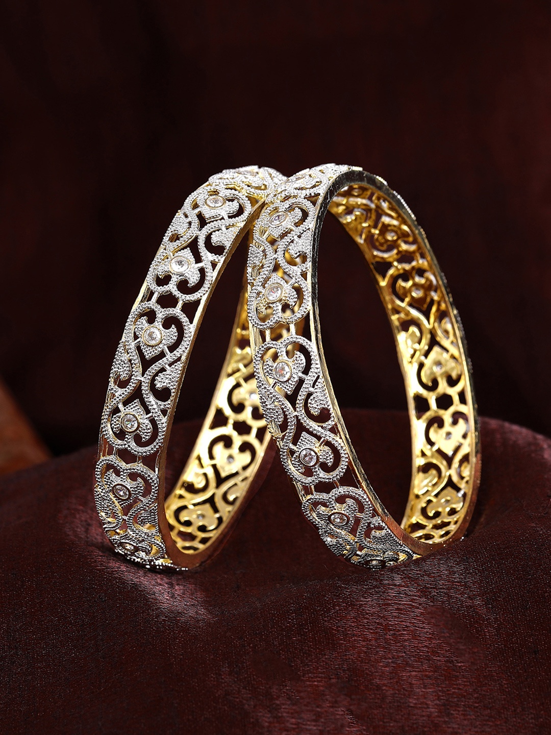 

Estele Set Of 2 Gold-Plated Crystals Studded Bangles, White