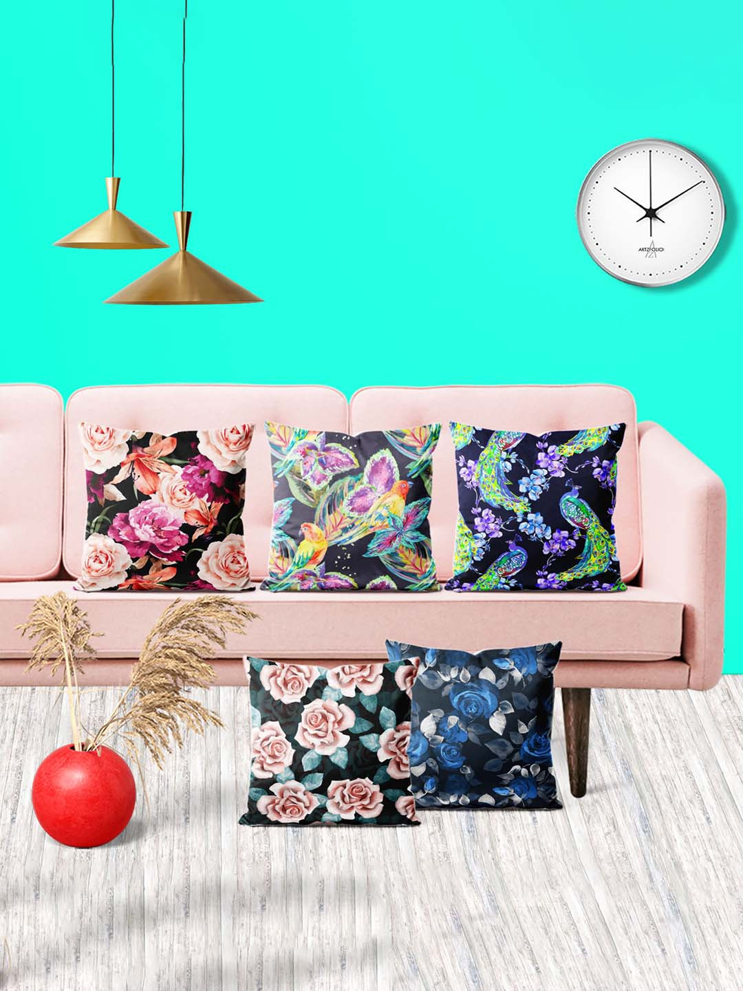 

ArtzFolio Multicoloured Set of 5 Velvet Square Cushion Covers, Multi