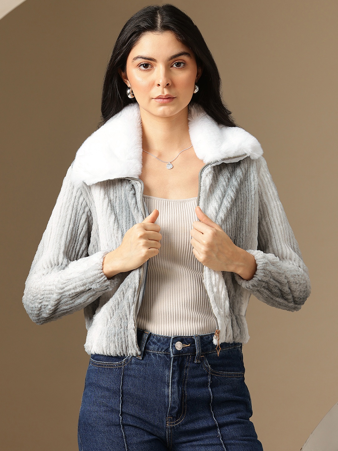 

Chemistry Lightweight Faux Fur Crop Jacket, Grey