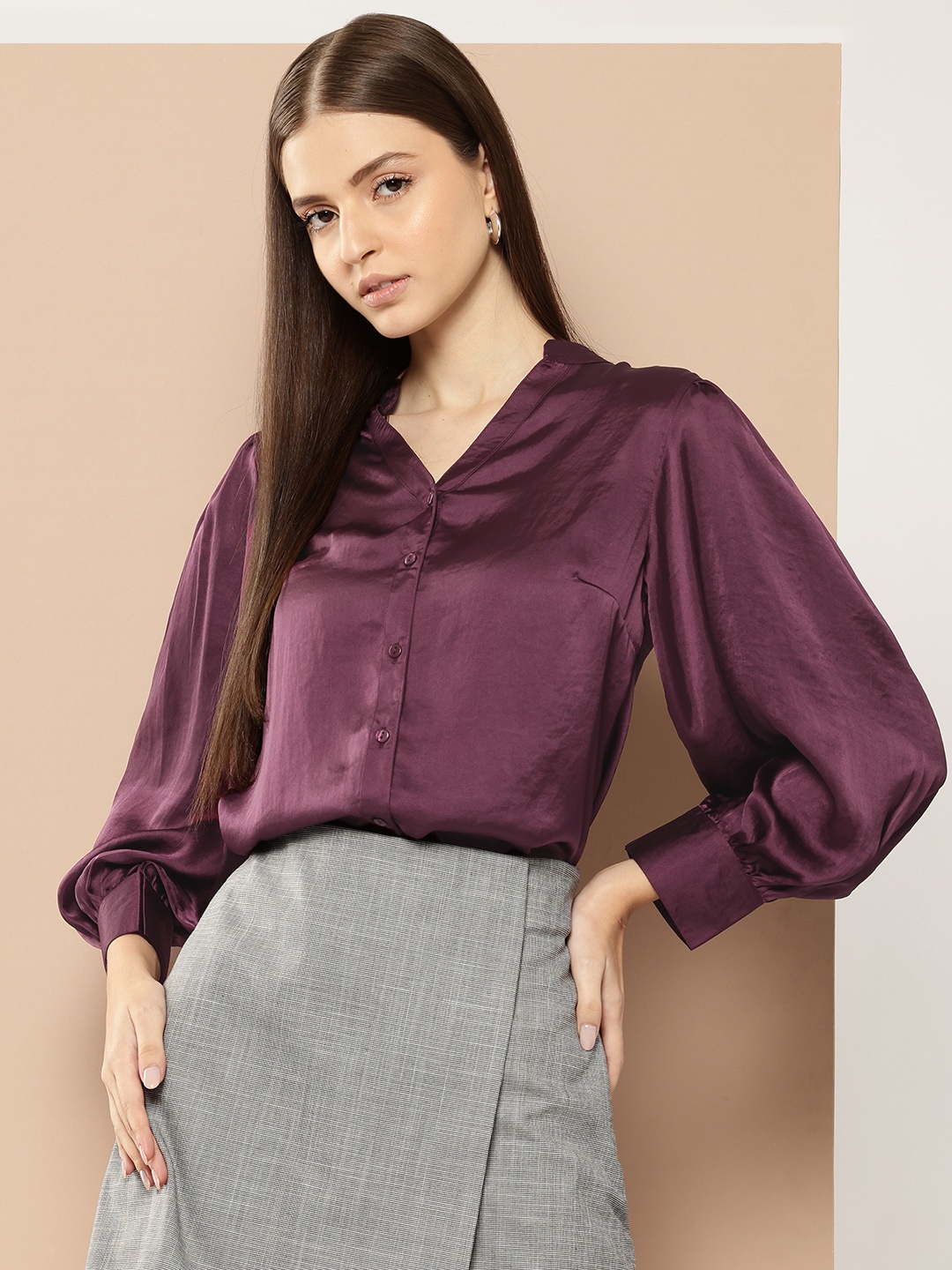 

her by invictus Bishop Sleeve Casual Shirt, Burgundy