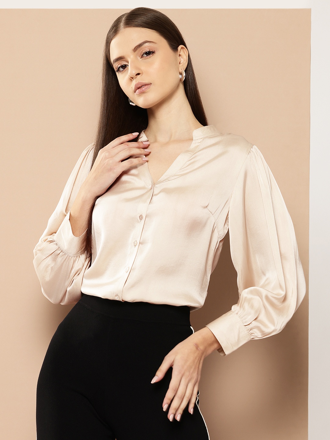 

her by invictus Bishop Sleeve Satin Finish Casual Shirt, Beige