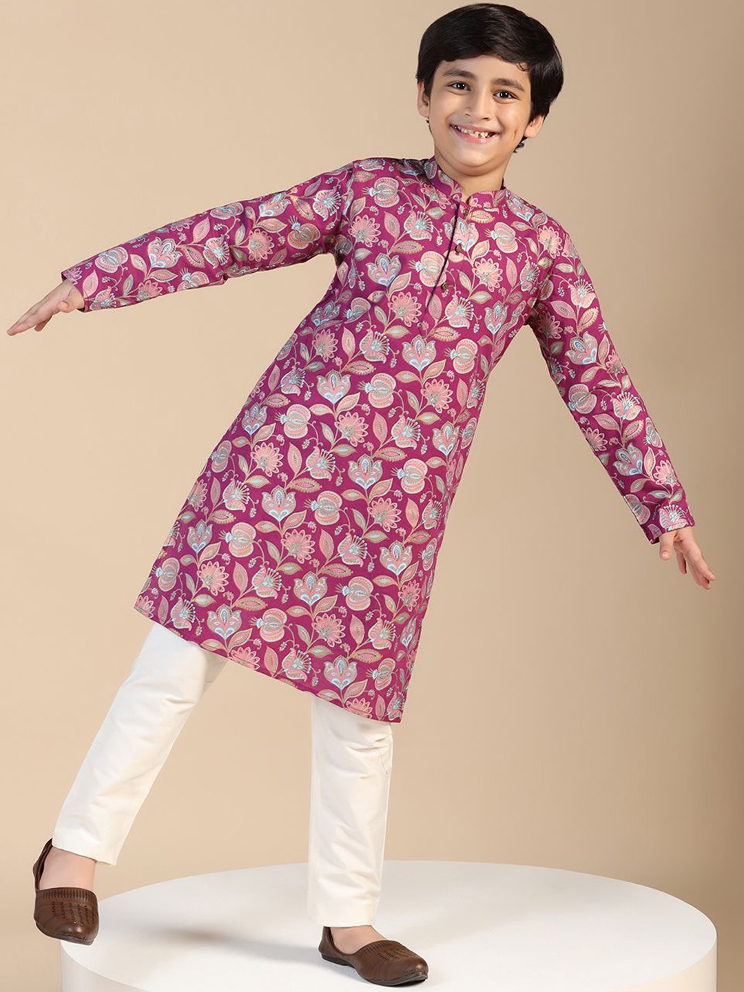 

KISAH Boys Floral Printed Mandarin Collar Cotton Straight Kurta, Pink