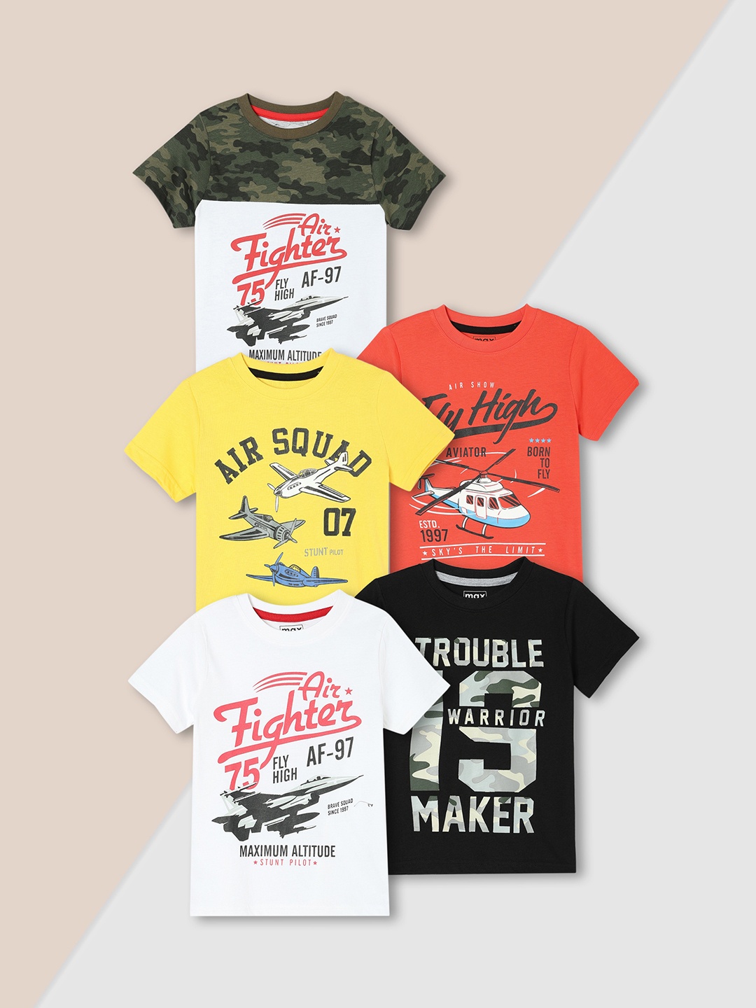 

max Boys Pack Of 5 Typography Printed Round Neck Cotton T-shirts, Yellow