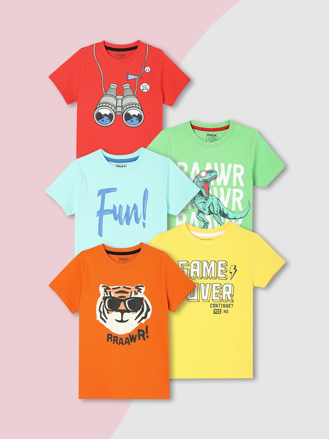 

max Boys Pack Of 5 Graphic Printed Round Neck Cotton T-shirts, Orange