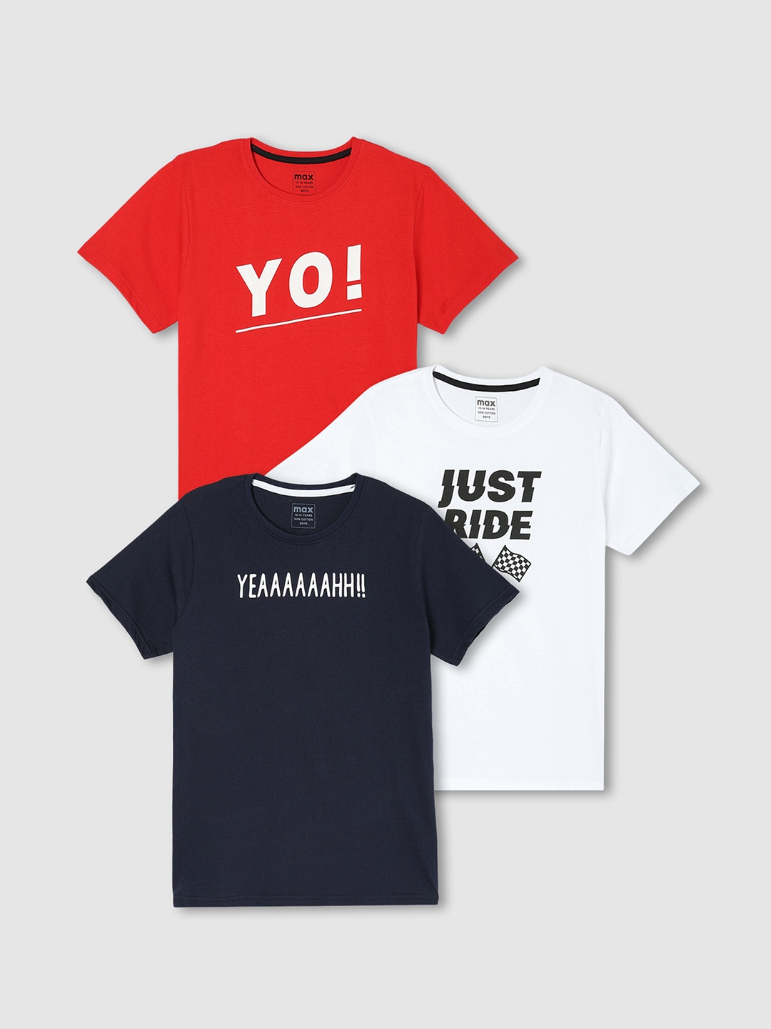 

max Boys Pack Of 3 Typography Printed Round Neck Cotton T-shirts, Red