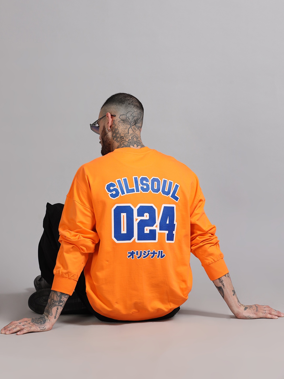 

SILISOUL Men Cotton Printed Round Neck Long Sleeves Pullover Sweatshirt, Orange