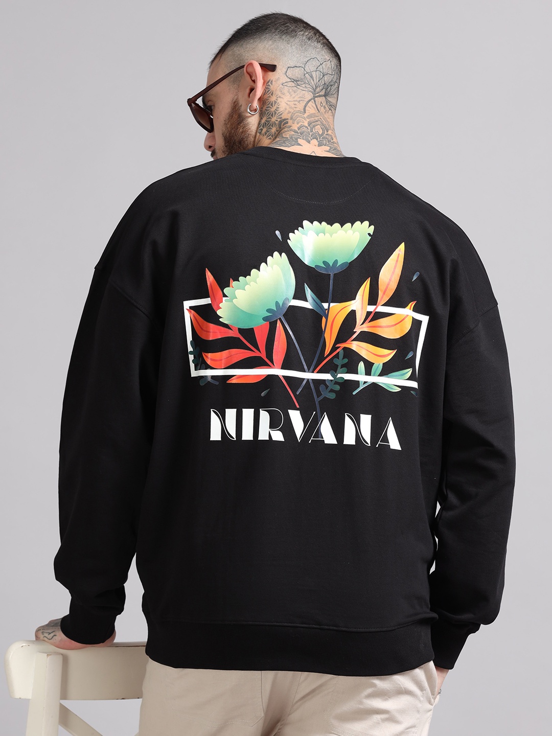 

SILISOUL Men Cotton Round Neck Oversized Printed Sweatshirt, Black