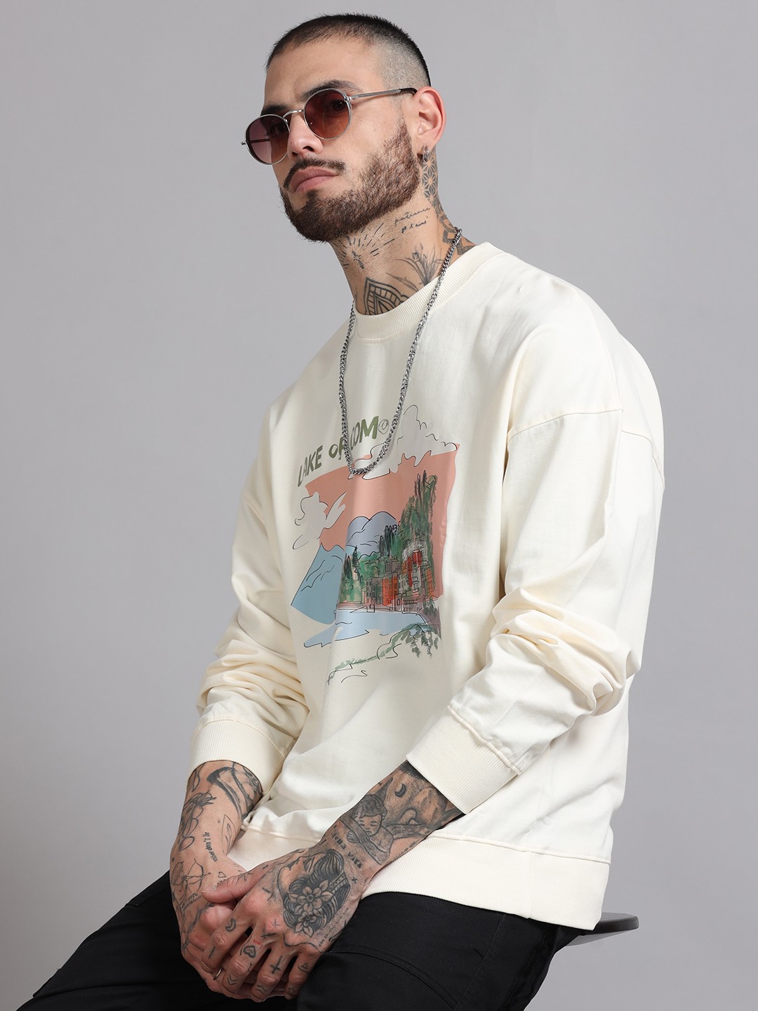 

SILISOUL Men Printed Round Neck Oversized Cotton Sweatshirt, White