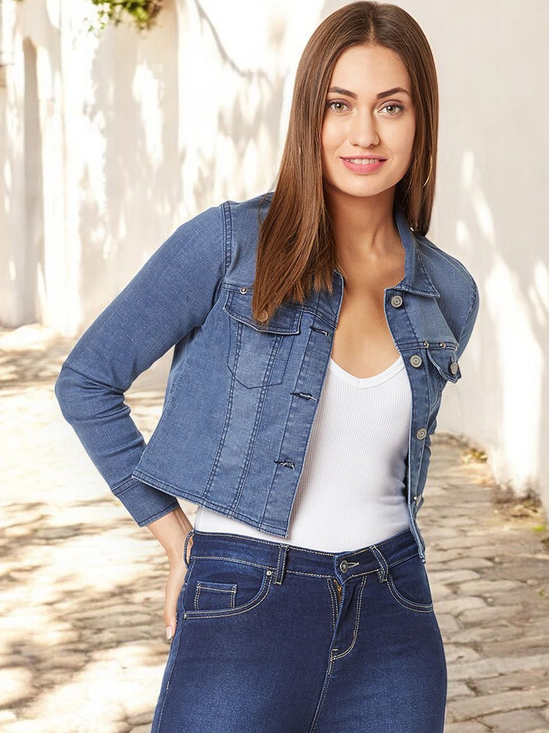 

Miss Chase Women Crop Denim Jacket with Patchwork, Navy blue