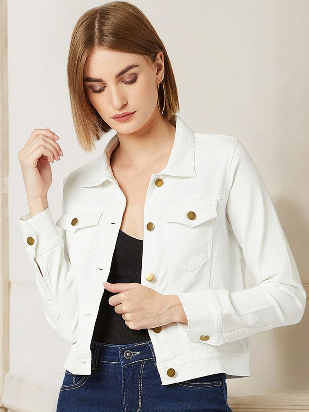 

Miss Chase Women Striped Crop Denim Jacket with Patchwork, White