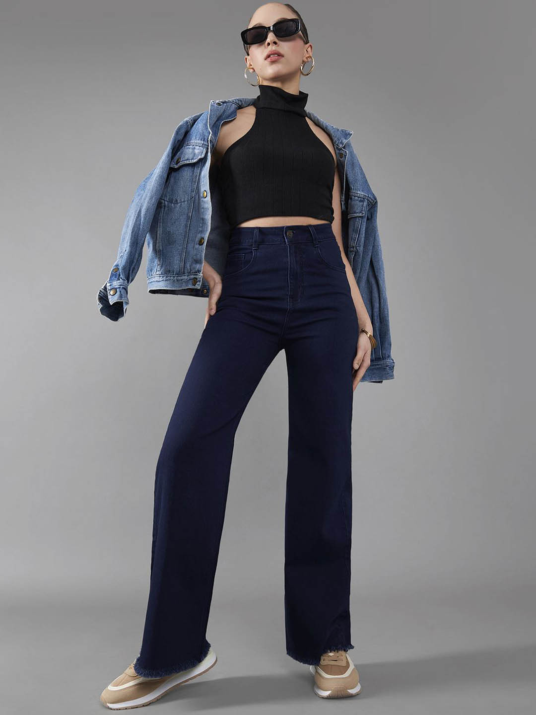 

DOLCE CRUDO Women Wide-Leg High-Rise Clean-Look Regular-Length Stretchable Denim Jeans, Blue