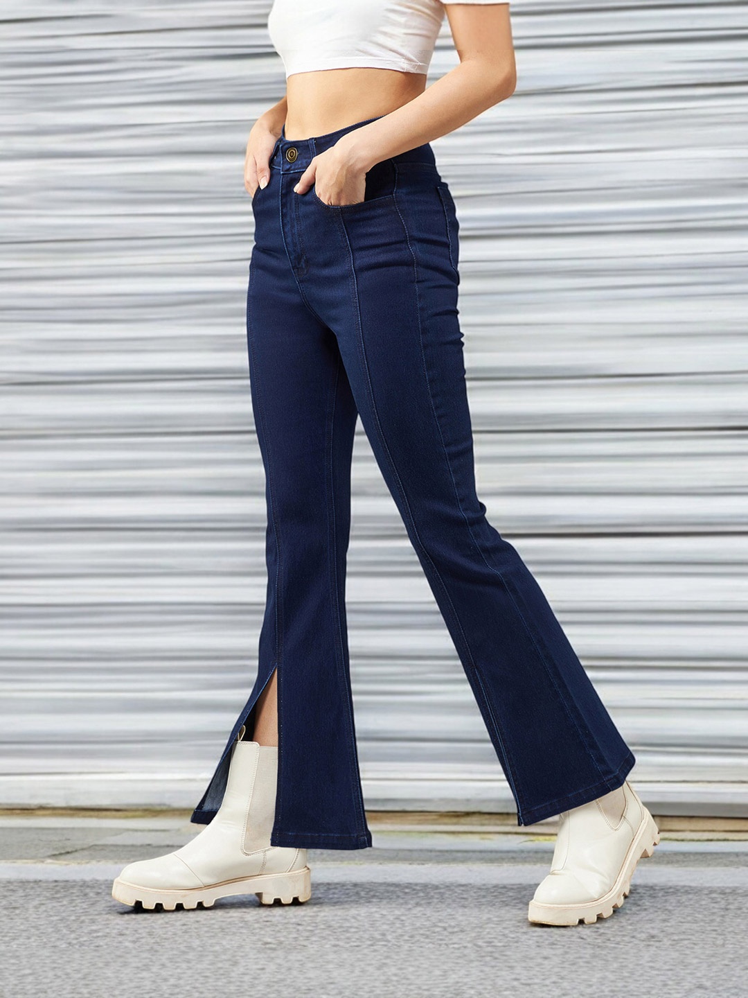 

DOLCE CRUDO Women Bootcut High Rise Clean look Regular Stretchable Denim Jeans, Blue