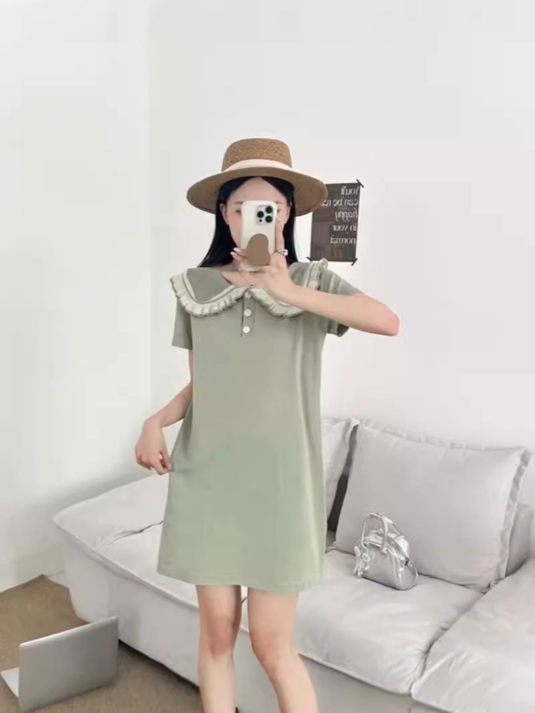 

KPOP Women Peter Pan Collar T-shirt Dress, Green