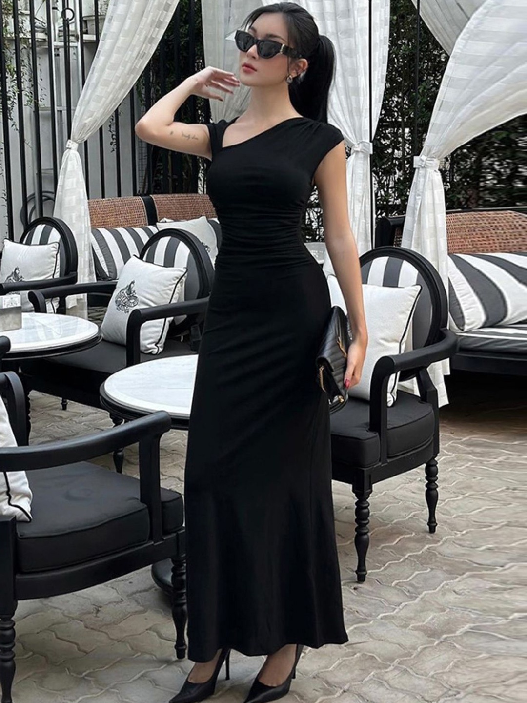 

KPOP Women V-Neck Maxi Sleeveless Solid Bodycon Dress, Black