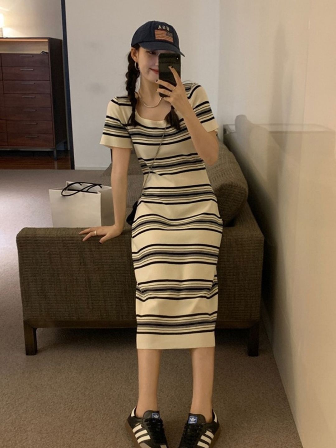 

HERE&NOW Striped Sheath Midi Dress, Cream