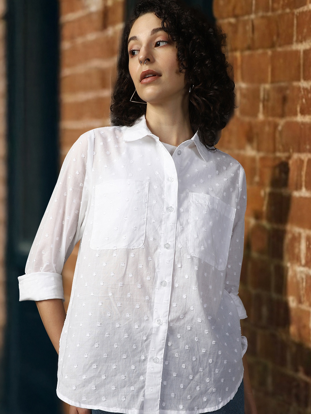 

High Star Women Relaxed Spread Collar Textured Cotton Oversized Casual Shirt, White