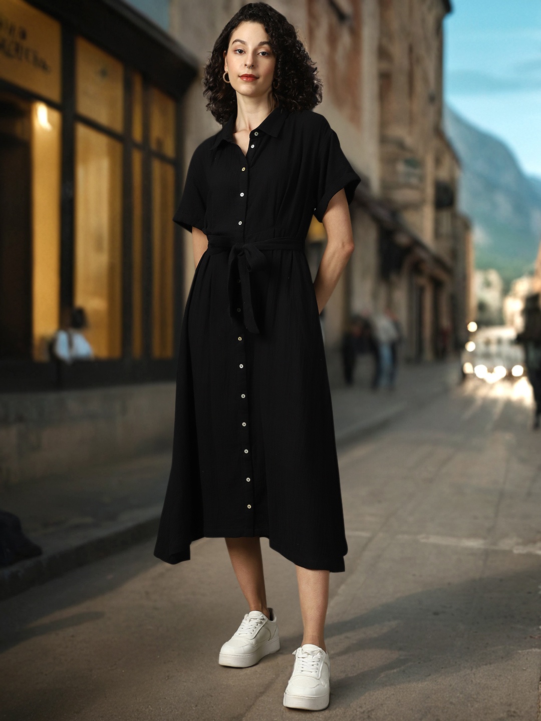 

High Star Women Shirt Collar Shirt Midi Dress, Black