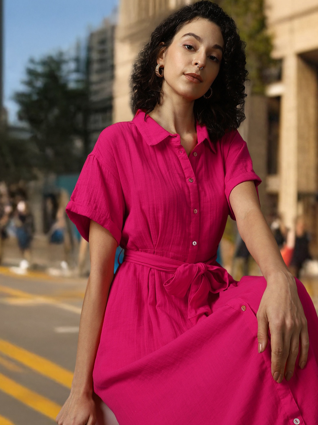 

High Star Women Cotton Short Sleeves Shirt Midi Dress, Pink