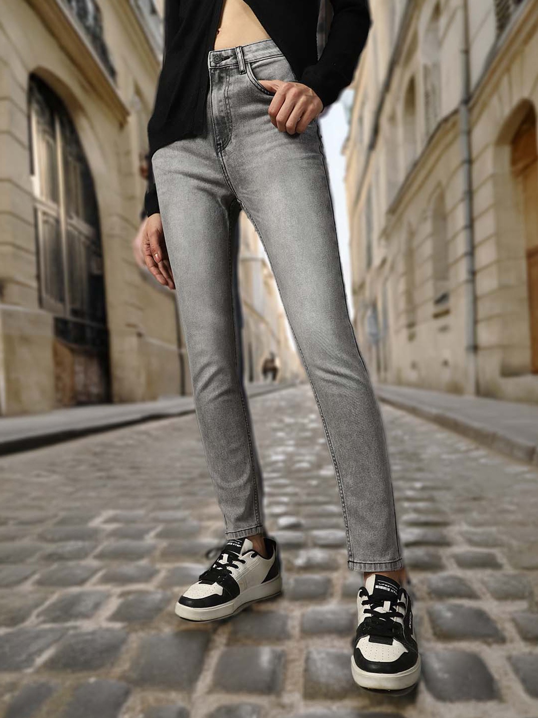 

High Star Women Comfort Skinny Fit High-Rise Heavy Fade Stretchable Jeans, Grey
