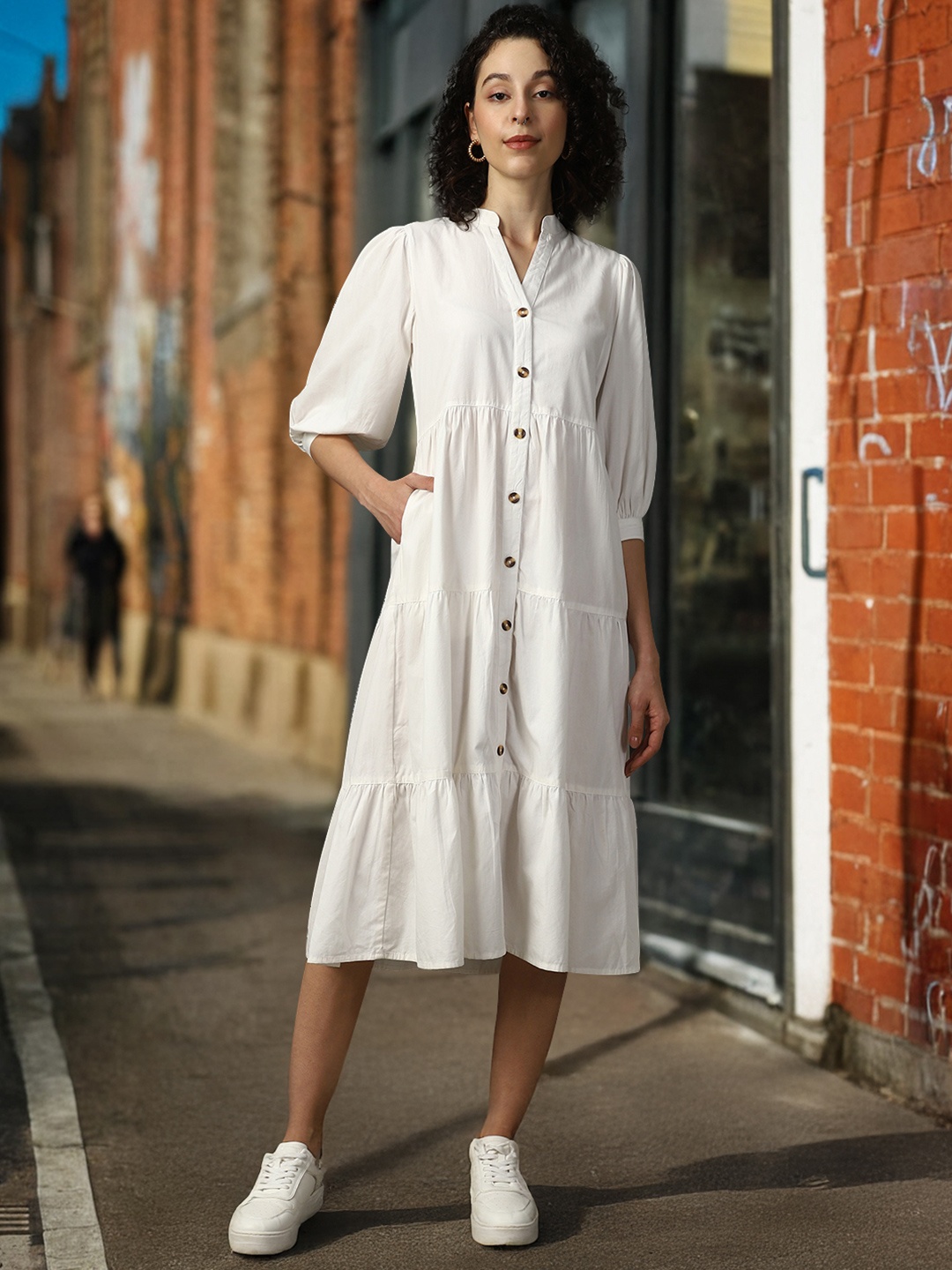 

High Star Cotton Mandarin Collar Bishop Sleeves Shirt Midi Tiered Dress, Off white