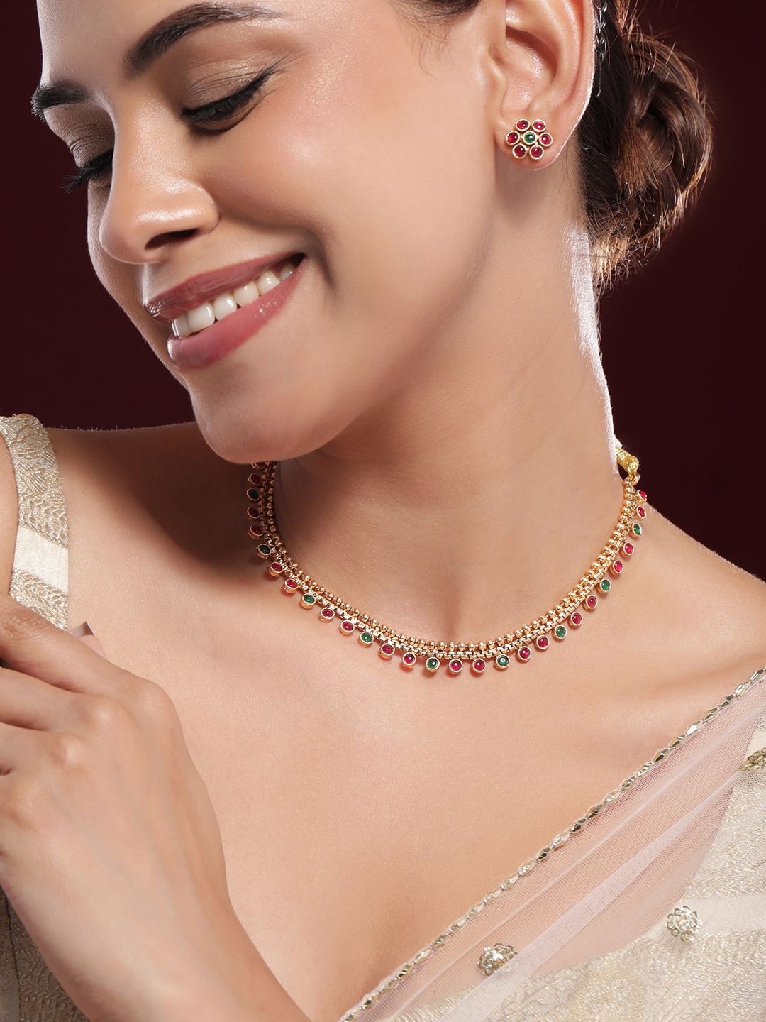 

Rubans 22K Gold-Plated Ruby & Emerald Stone Studded Necklace Set with Floral Stud Earrring