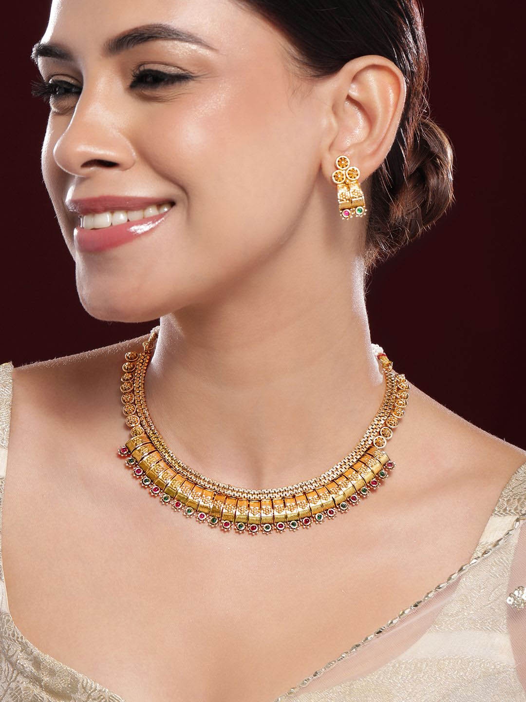 

Rubans 22K Gold-Plated Ruby & Emerald Stones Handcrafted Traditional Necklace Set