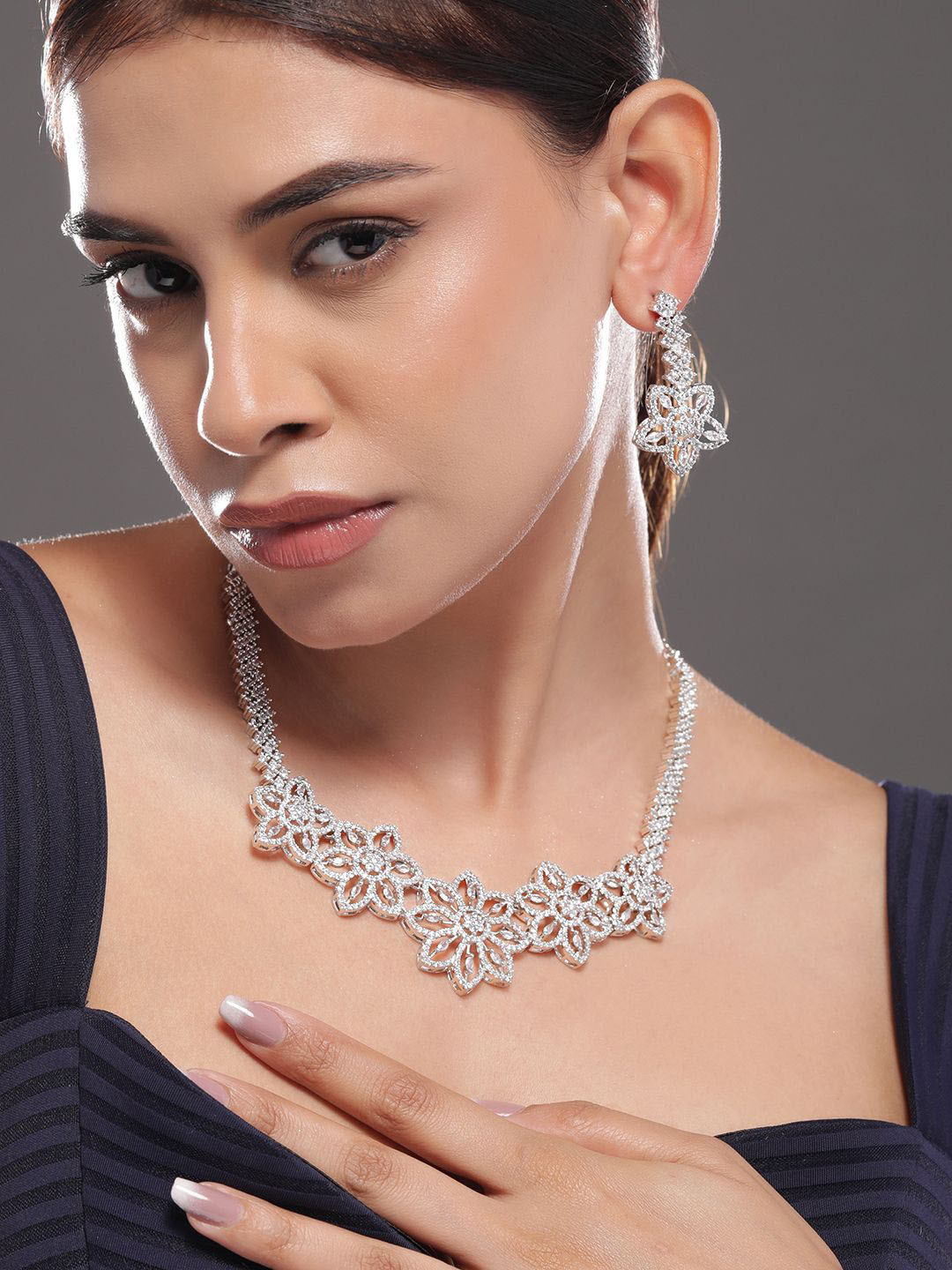 

Rubans Rhodium-Plated White Cubic Zirconia Studded Floral Premium Jewellery Set, Silver