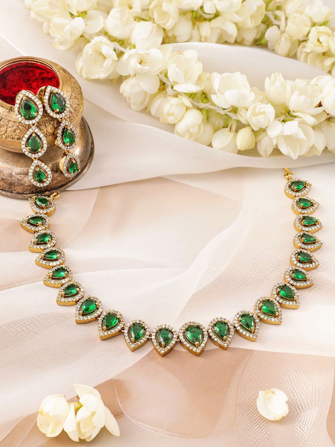 

Rubans 22K Gold-Plated Emerald Green Stone & White Cubic Zirconia Handcrafted Necklace Set