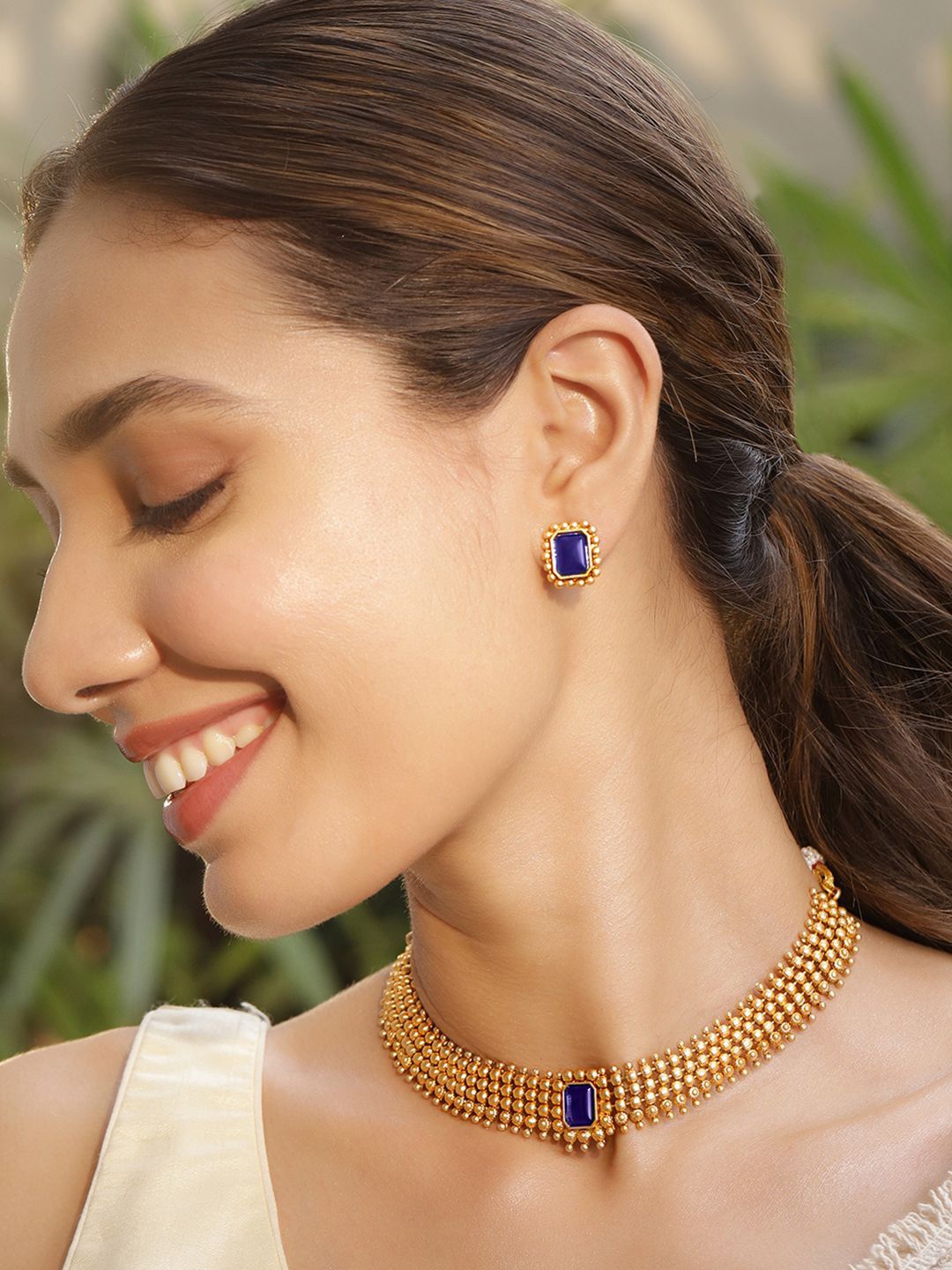 

Rubans 22K Gold-Plated Blue Sapphire Studded Choker Necklace Set with Gold Beads