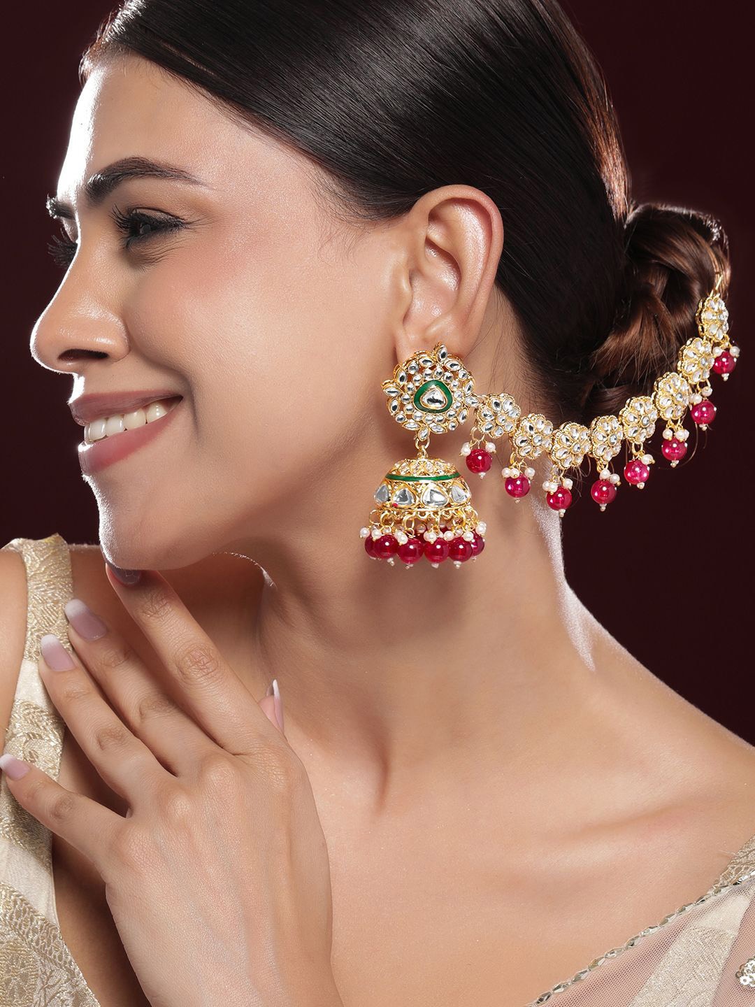 

Rubans 22K Gold-Plated Kundan Kan Chain Earrings with Red Beads & Green Enamel Detailing