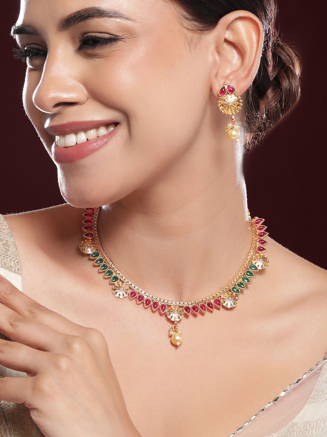 

Rubans 24K Gold-Plated Ruby Red & Emerald Green Kundan Studed Necklace Set with Pearl Drop