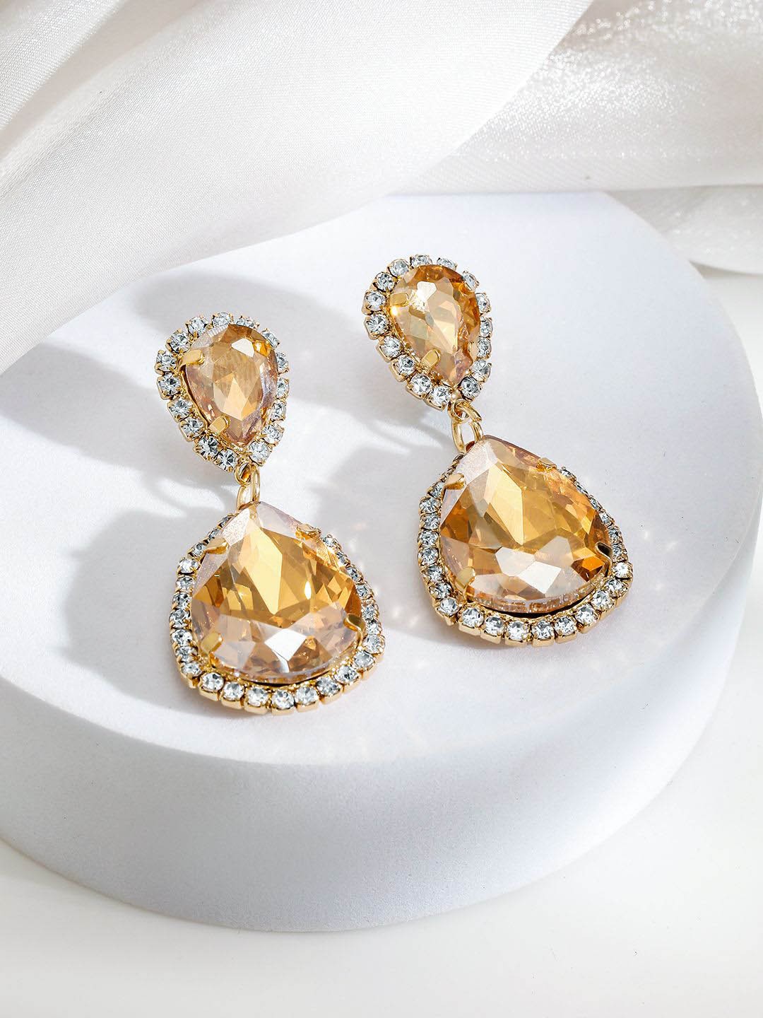 

Rubans 18K Gold-Plated Champagne Crystal Drop Earrings with Cubic Zirconia Halo