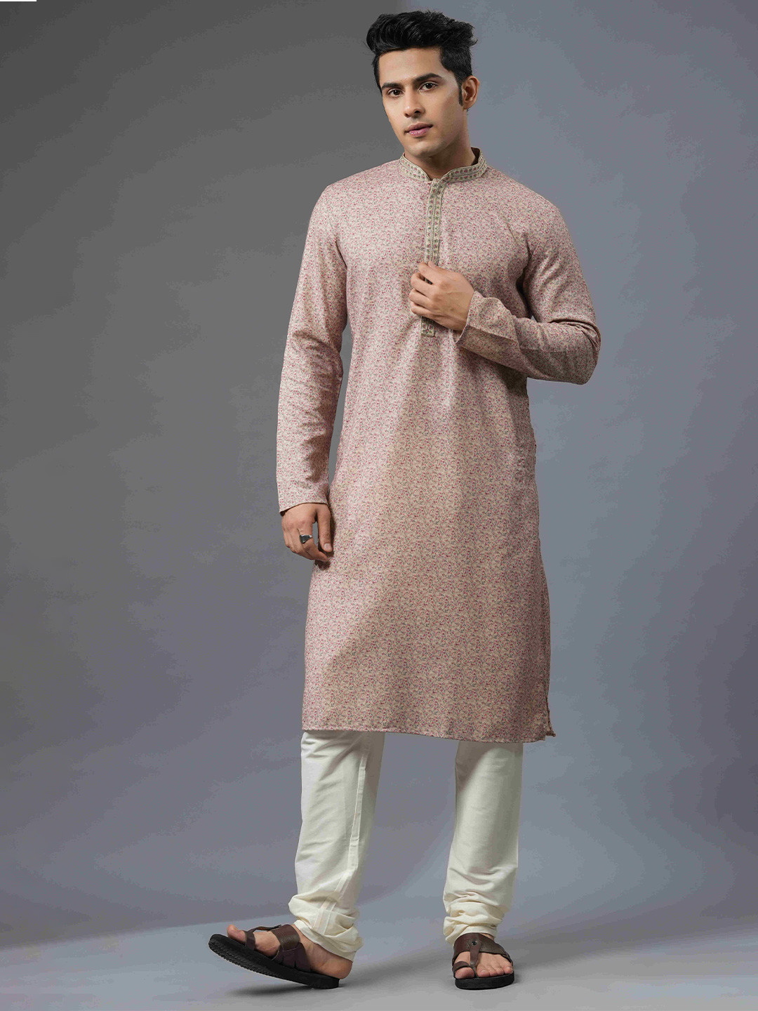 

Ethnic India Floral Printed Mandarin Collar Straight Kurta, Beige