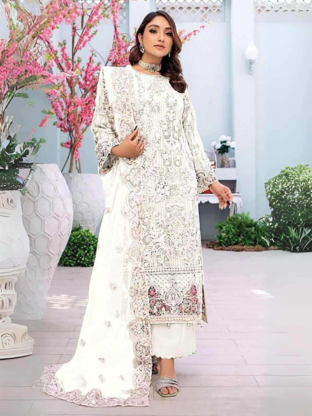 

ODETTE Floral Embroidered Beads & Stones Georgette Semi Stitched Dress Material, White