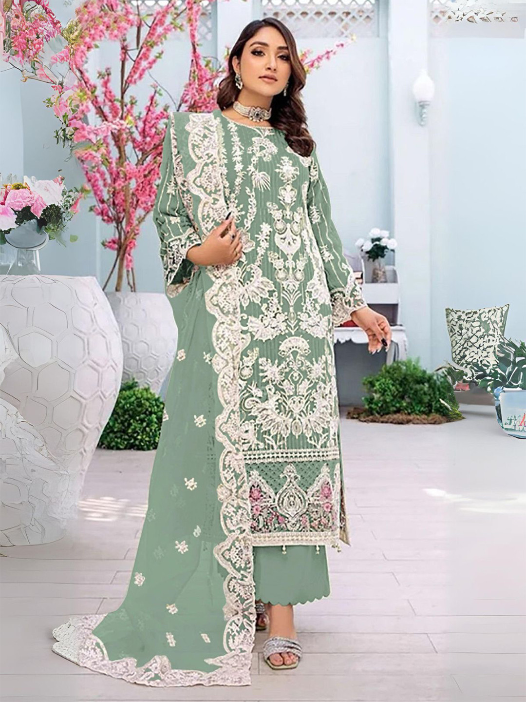 

ODETTE Floral Embroidered Georgette Semi Stitched Dress Material, Green