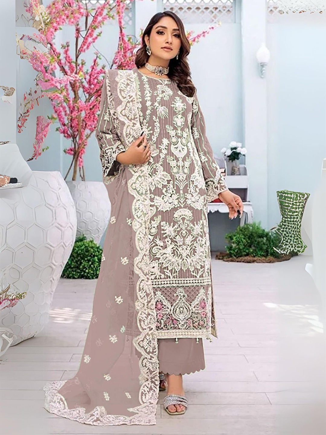 ODETTE Floral Embroidered Beads & Stones Georgette Semi Stitched Dress Material, Mauve