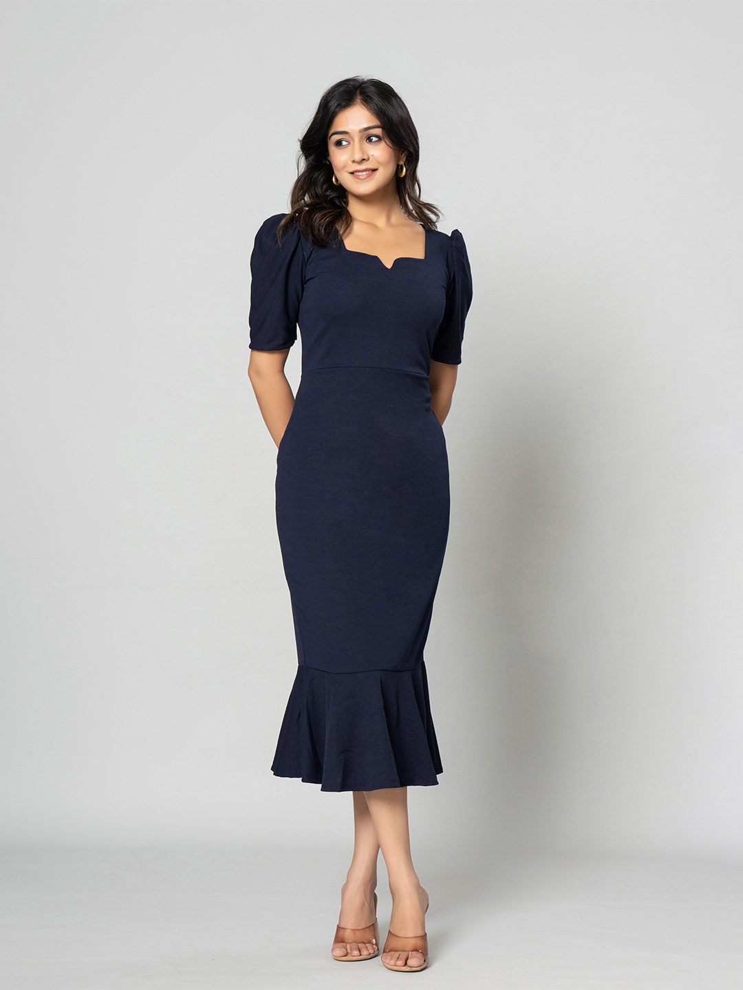 

Aanys Culture Women Puff Sleeve Peplum Midi Dress, Navy blue