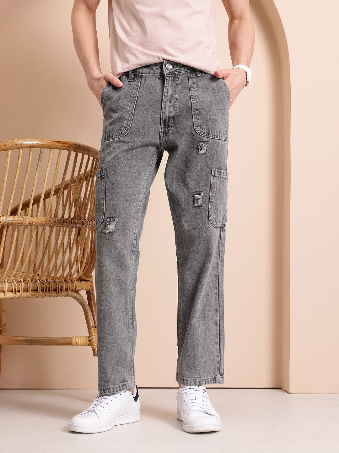 

Mast & Harbour Men Cargo Styles Pure Cotton Jeans, Grey
