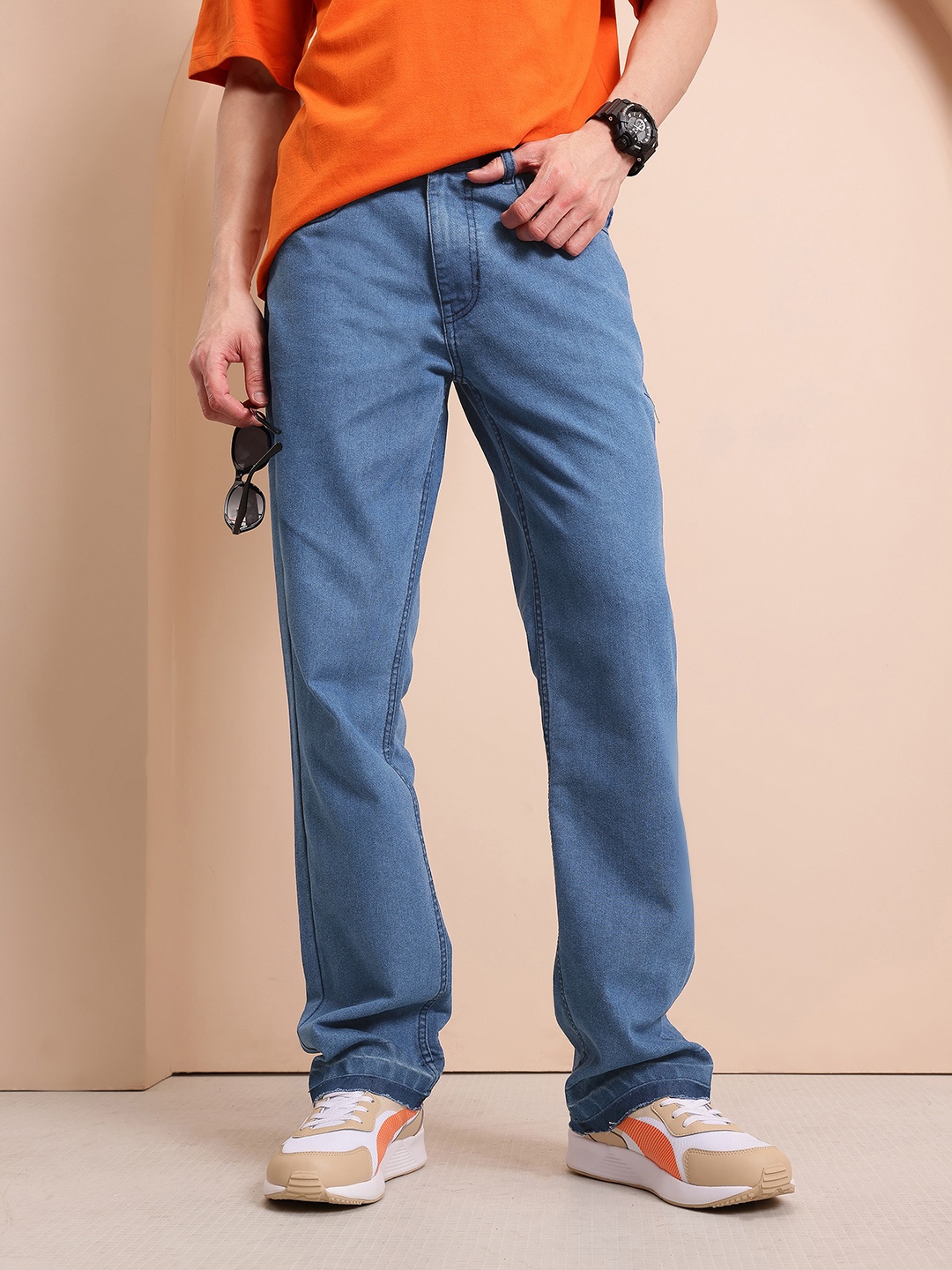 

Mast & Harbour Men Bootcut Light Fade Cotton Jeans, Blue